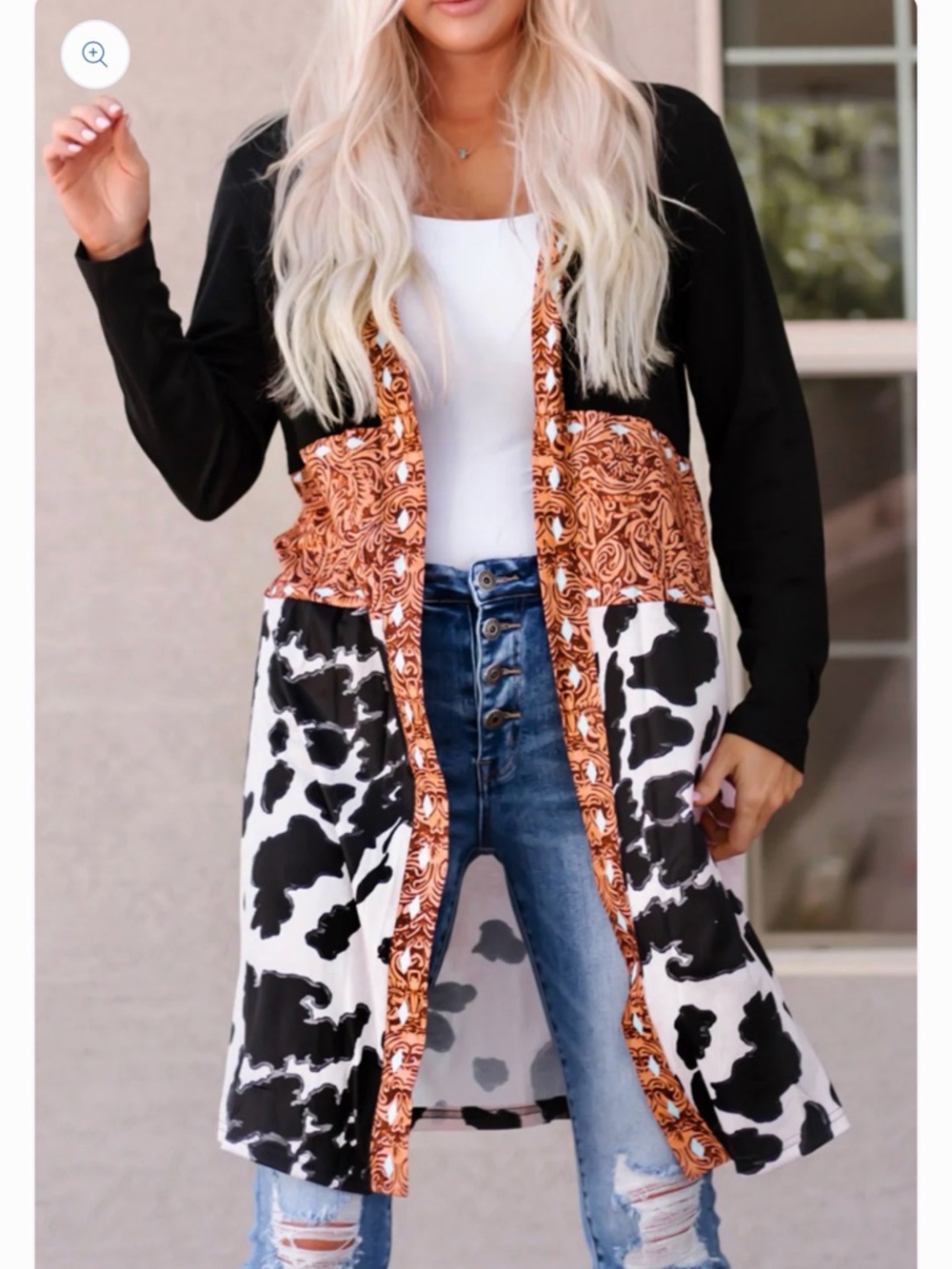 T&C Black & White Cow Print Long Cardigan with Brown Trim